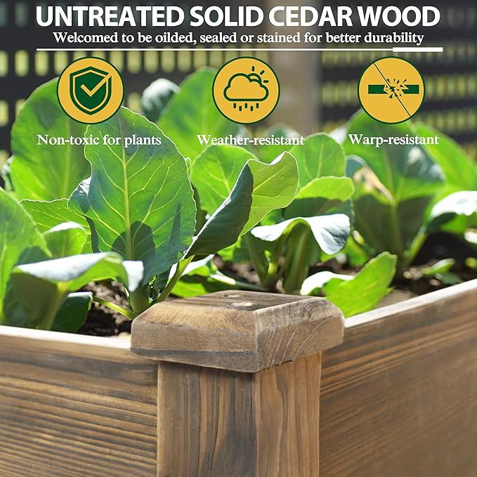 VEIKOU 48x24x33in Cedar Raised Garden Bed Planter Raised Beds with Lockable Wheels Storage Shelf Raised Garden Beds Outdoor for Backyard Patio Balcony Rustic