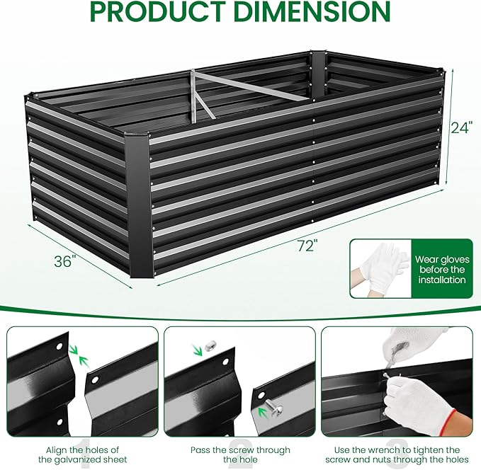 TEANDE 6x3x2FT Raised Garden Bed Kit Galvanized Planter Raised Garden Boxes Outdoor w/Anti Cutting Strip &amp A Pair of Gloves Deep Root Raised Planter for Vegetables Fruits Flowers and Herbs Bl
