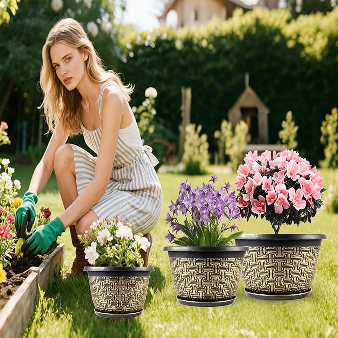 4 Pack 16 Inch PlanterLarge Plastic Flower Pots Outdoor Indoor with Drainage Holes &amp Trays Retro Antique Imitation Decorative Garden Plant Pots Outdoor for Houseplants