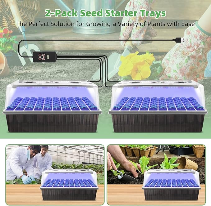 120-Cell Self-Watering Seed Starter Tray with Grow Light 1–24H Timer Humidity Dome Soil pH Meter Gloves Seedling Tools – Indoor Seed Starting Kit for Plant Germination Herbs Vegetables Flowers