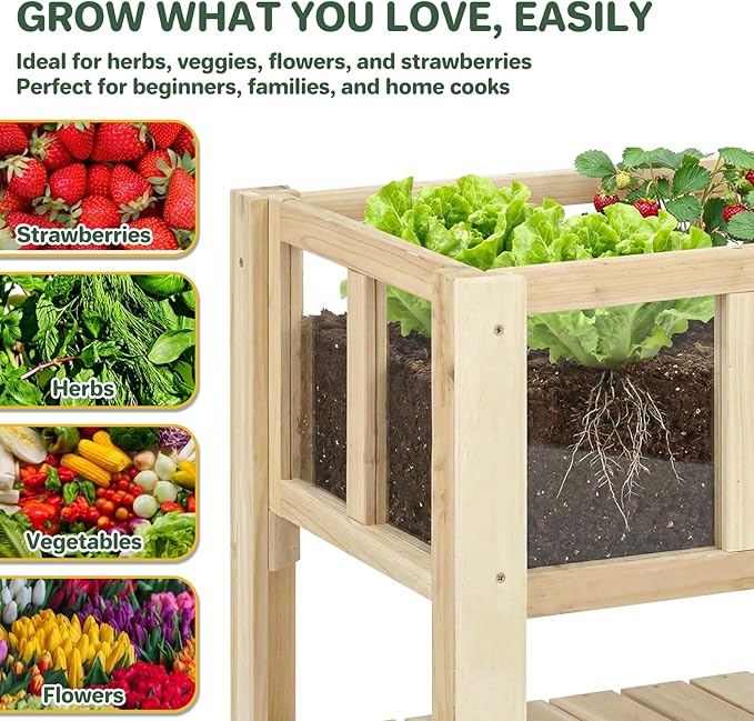 Raised Garden Bed for Small Balcony 28.3''x16.3''x23.6'' Wood Planter Box with Transparent Window Drainage Holes Storage Shelf Garden Beds Flower Stand Patio Kitchen Gift for Gardening
