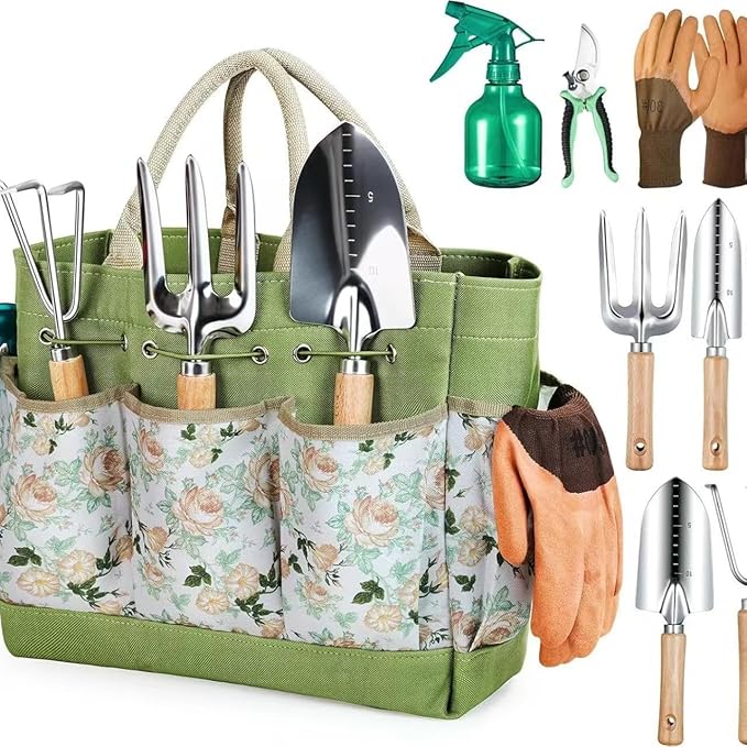 Gardening Tools Set 9-Piece Heavy Duty Hand Tools Weed Puller Tool Pruning Shears Bonsai Tools Hedge Clippers Garden Shovel Garden Scissors with Fashion Organizer Handbag Gift for Women mom