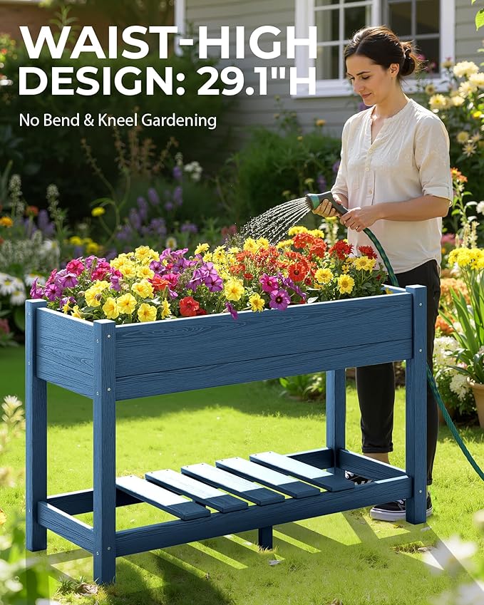 SERWALL Raised Garden Bed with Legs Set of 2 43×17×30 Large HDPE Elevated Planter Box for Vegetables Flower Herb Patio All Weather Use- Blue