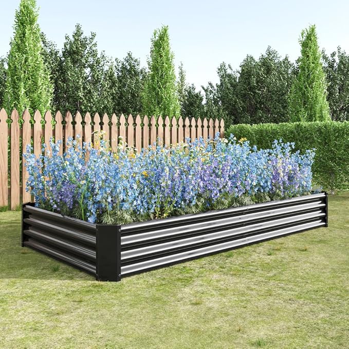 Heavy-Duty Galvanized Steel Raised Garden Bed for Outdoor Vegetable Herb and Flower Planting – Rust-Resistant &amp Durable (Black with 8x4x1ft)