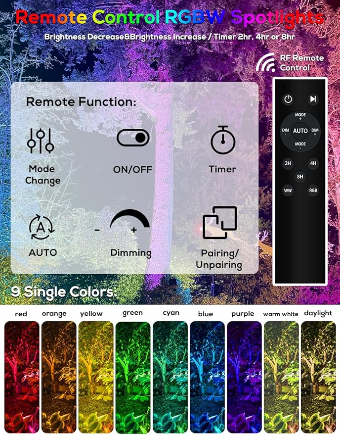 ZYAN Solar Color Changing RGB Spotlights with Remote 12000mAh Separate Monocrystalline Panels &amp USB-C Powered Auto On Off Outdoor IP65 Waterproof for Patio Yard Path (100 Lumens × 8 Pack)