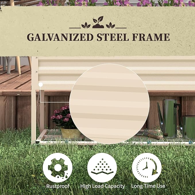 Raised Garden Bed with Galvanized Steel e Storage Shelf and Bed Liner Elevated Planter Box with Legs for Vegetables Flowers Herbs Cream