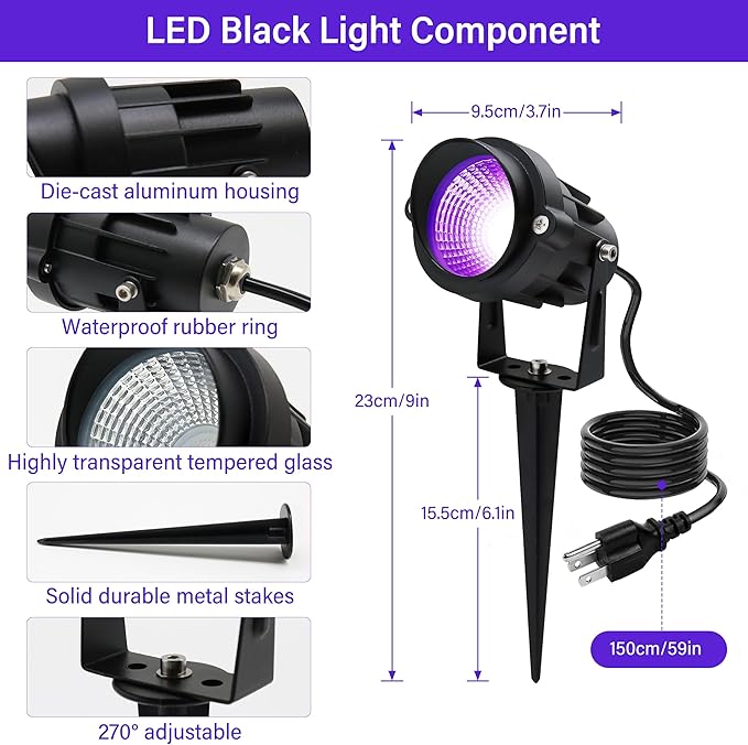 12W Black Lights for Glow PartyPurple LED Landscape Spot Lighting for Yard Garden Poster Bar Decoration2Pack