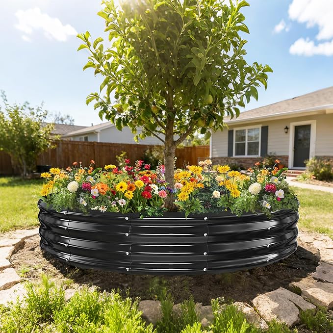 6FT Diameter Galvanized Garden Raised Bed/Plant Box/Fire Pit Ring-0.8mm Thick12 Inch TallCrimped Edge and CornerNo SharpePerfect for Plantings (Black 72 Dia X 12 inches)