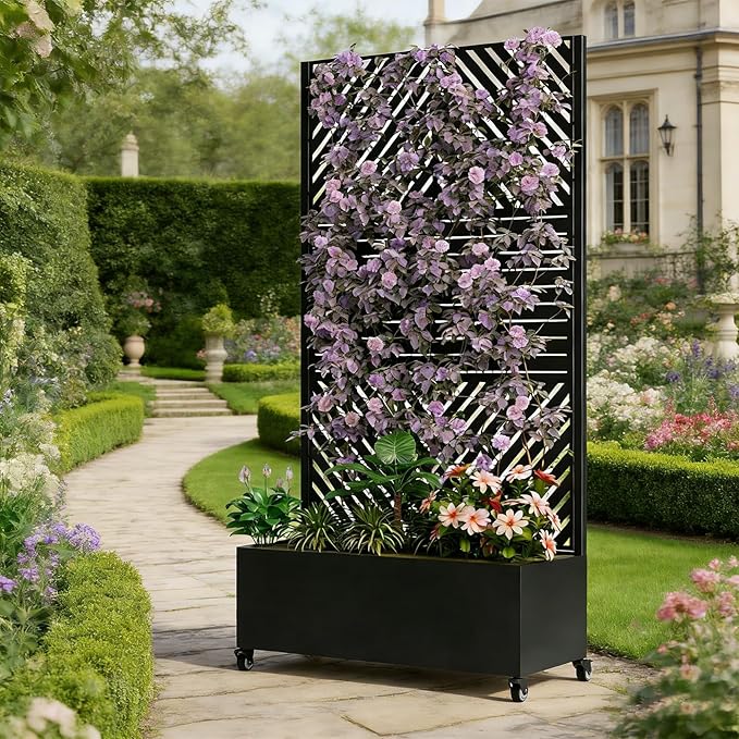 Sturdy 47x16x73 Inch Galvanized Steel Raised Garden Bed with Trellis Metal Planter Box on Wheels for Patio Privacy Screen 12 Inch Deep Root Mobile Vertical Garden Planter for Climbing Plants (M4)