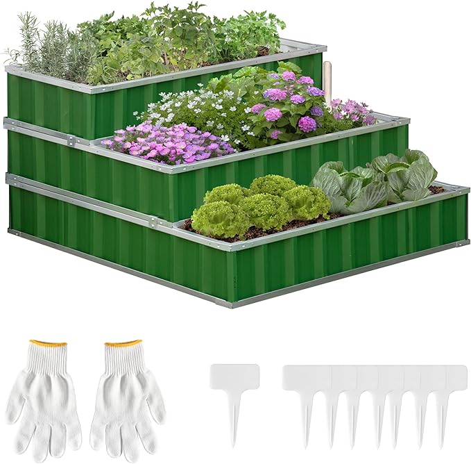 3 Tier Raised Garden Bed Color Steel Raised Garden Bed w Pair of Glove 47''x 47''x 25'' for Backyard Patio to Grow Vegetables Herbs and Flowers Green