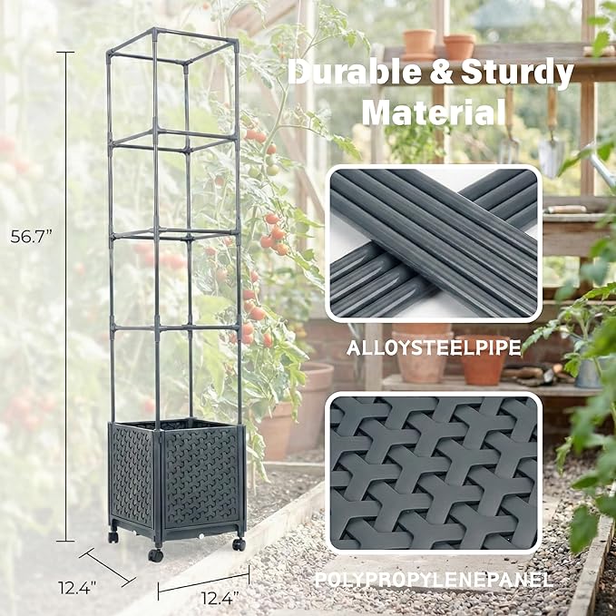 Raised Garden Bed with Tomato Planter Cage 56.7” Trellis Planter Boxes with Wheels for Outdoor Patio Greenhouse Gardening Climbing Vegetables