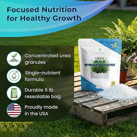 Leaves and Soul Urea Fertilizer 46-0-0 - High Nitrogen Fertilizer for Lawns Gardens Plants Grass Vegetables Flowers &amp Fruit Trees - Plant Food for Green Color &amp Healthy Foliage - 5 lbs