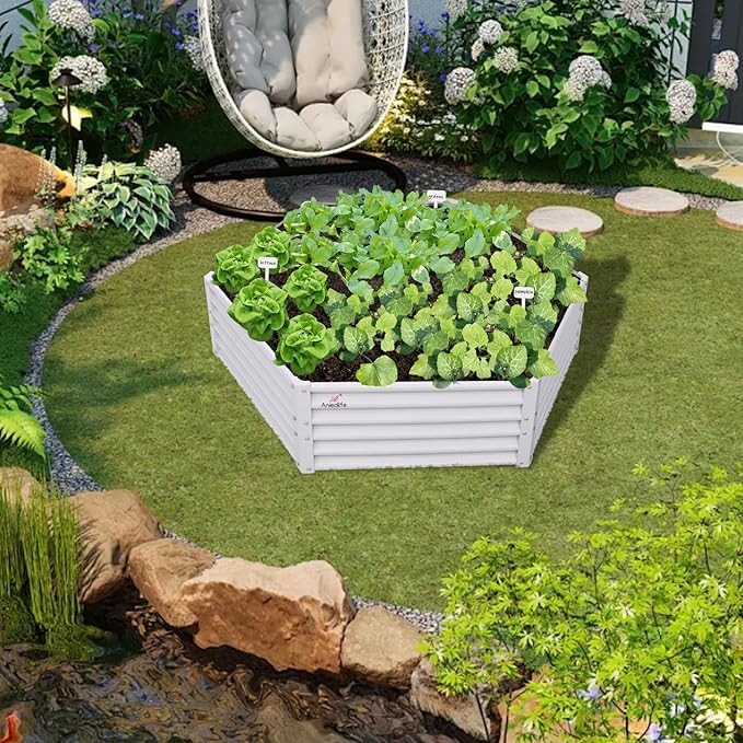 A ANLEOLIFE 3 Set Hexagon Galvanized Raised Garden Beds Outdoor70x60x18in Metal Planter Box for Planting Vegetables Flowers Herb Anti-Rust &amp Easy-Setup Antique White