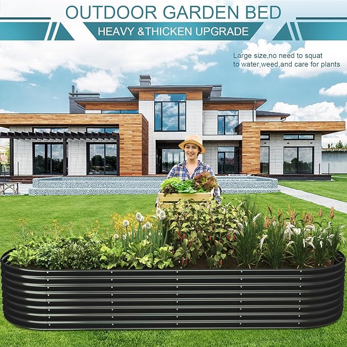 FRIZIONE 9FT(L)×3FT(W)×2FT(H) Galvanized Raised Garden Bed Outdoor Metal Raised Garden Beds for Flower Raised Planter Box Outdoor for Herb Vegetable-Gray