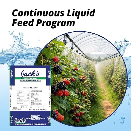 Jack's Professional 25-9-17 Berry Special Water-Soluble Fertilizer with Micronutrients for Blooming and Fruit Set in Plants Grown in Continuous Liquid Feed Programs 25lbs
