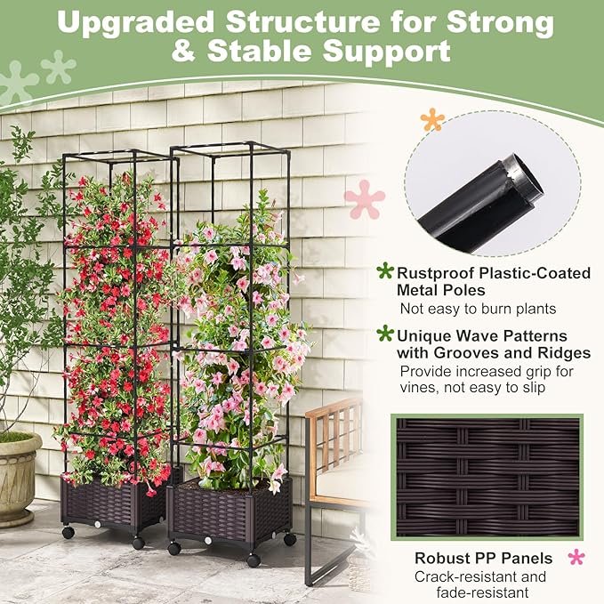 Giantex Set of 2 Raised Garden Bed with Tomato Cages 67” Adjustable Height Self Watering Planter Garden Box with Wheels Trellis for Climbing Plants Vegetable Flower