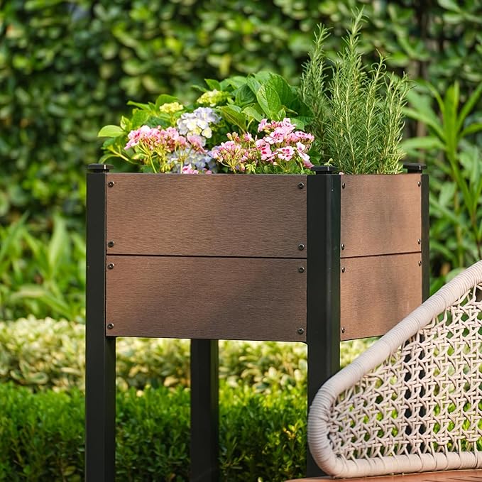IDEALHOUSE All-Weather Elevated Garden Bed with Storage Shelf HDPE Wood Grain Planter Box Black Aluminum Frame Chemical-Free for Organic Veggies Herbs 19 L X33 H
