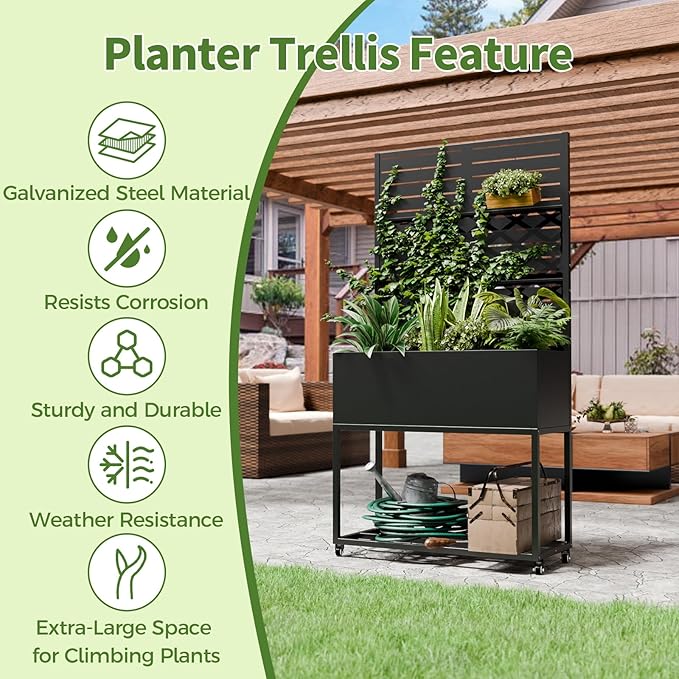 Metal Planter Box with Trellis67 H x35 W Raised Garden Beds with Privacy Screen for Climbing Plants Flower Elevated Standing Planter Garden Bed with Drainage Holes for Outdoor PatioBlack
