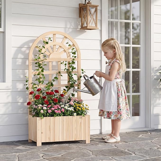 BECOMFORT 48”H Raised Garden Bed with Arched Trellis Fir Wood Planter Box with Privacy Screen &amp Drainage Holes for Balcony Yard Elevated Outdoor Flower Box for Climbing Plants Vegetables &amp