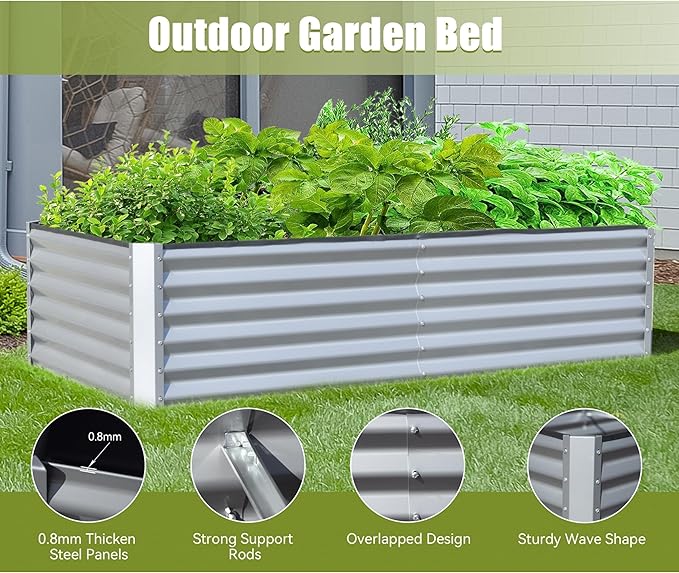 6x3x1.5Ft Galvanized Raised Garden Beds Outdoor Large Elevated Planter Raised Beds Rot-Resistant Deep Root Planter Box for Vegetables and Flowers Silver+White