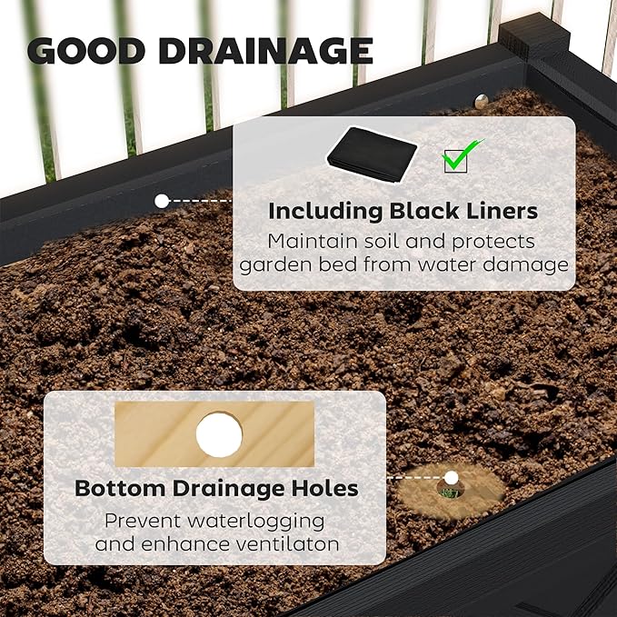 Outsunny Raised Garden Bed Elevated Wood Planter Box with Storage Shelf Drainage Holes and Liner for Backyard Patio Balcony 47 x 22 x 31.5 in Black