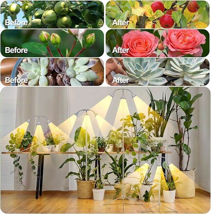 Grow Lights with 3 Heads for Indoor Plants 10-55 Inches Height Adjustable Aluminum Alloy Full Spectrum Plant Growing Lamps with Detachable Tripod Stand Auto On/Off Timer