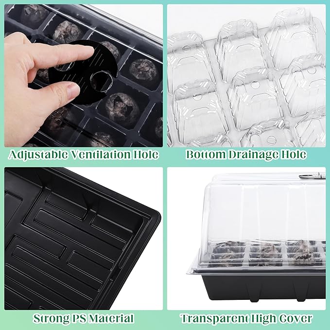 4 Sets Seed Starter Tray Kit Germination Starter Tray with Humidity Dome and Base Include 100 Peat Pellets 100 Plant Labels Garden Tools Plastic Plant Growing Trays for Greenhouse Garden Black