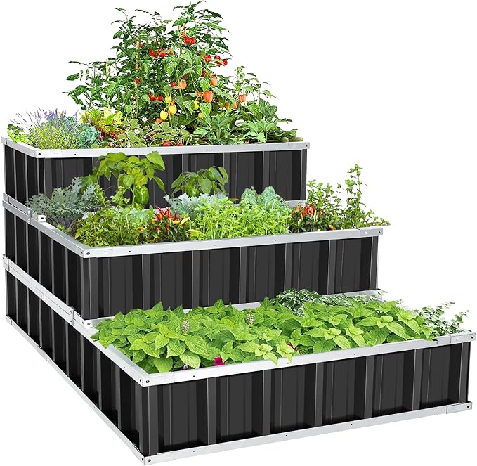 Homdox 3 Tiers Raised Garden Bed 3 Installation Methods for DIY Large Metal Planter Box with Gloves and Reinforced Frame for Deep-Rooted Plants Vegetables Flowers 52x 36x 24Garden Boxes Outdoor