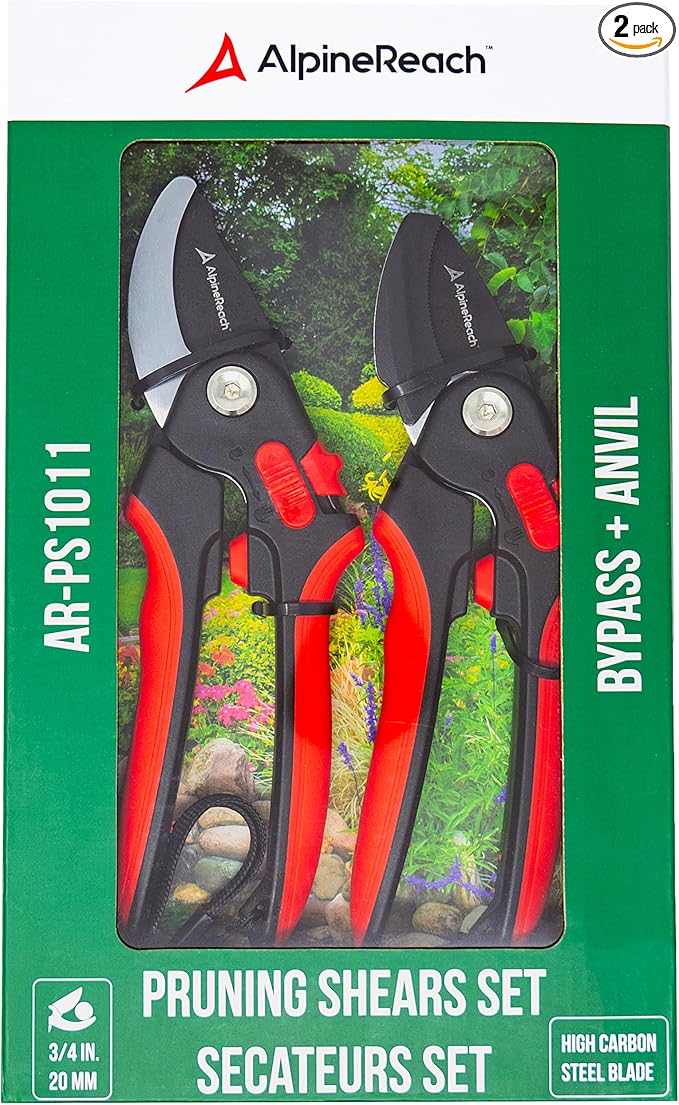AlpineReach Pruning Shears Set Bypass and Anvil for Gardening Sharp Ergonomic Pruners Adjustable Soft Handle for Small &amp Large Hands Heavy Duty High Carbon Steel Blade Secateurs Gift Box