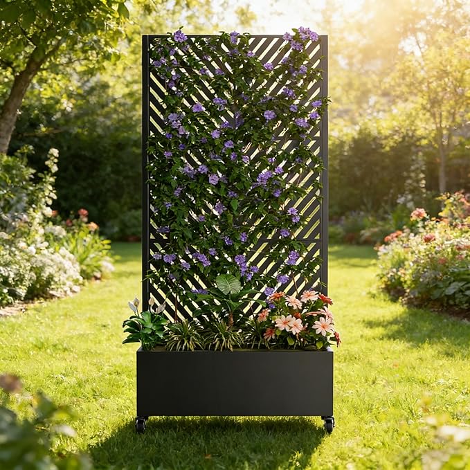 Sturdy 47x16x73 Inch Galvanized Steel Raised Garden Bed with Trellis Metal Planter Box on Wheels for Patio Privacy Screen 12 Inch Deep Root Mobile Vertical Garden Planter for Climbing Plants (M3)