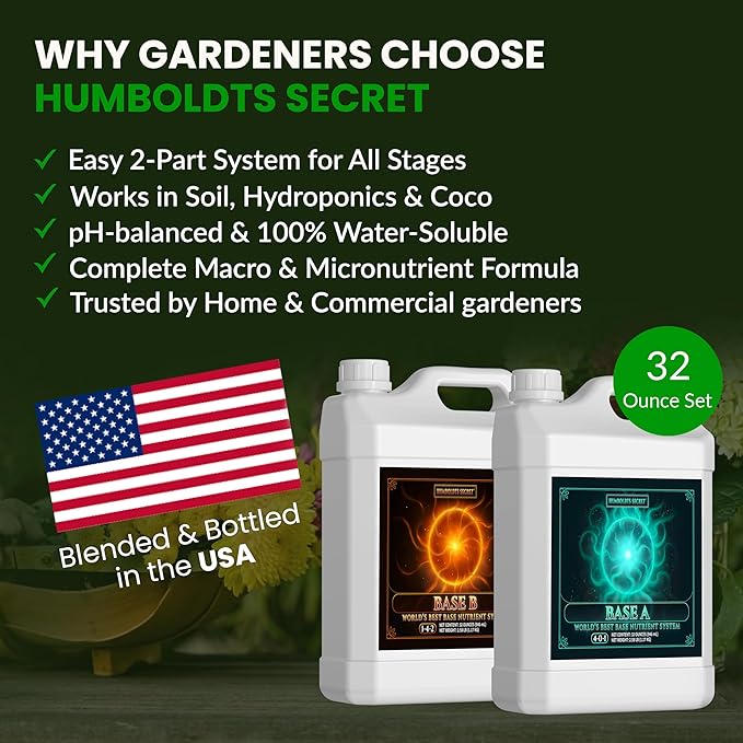 Humboldts Secret Base A &amp B Liquid Hydroponic Fertilizer | Complete Hydroponic Nutrients for Indoor and Outdoor Plants | Supports Healthy Vegetative Growth and Flowering Stage | 32 Ounce Set