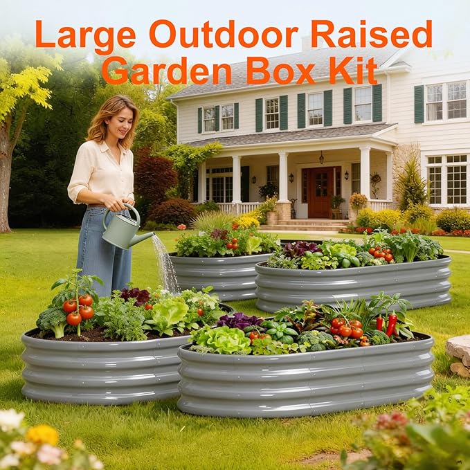 Raised Garden Bed Outdoor 2 Sets Oval Large Coating Metal Planter Box with No Heavy Metal for Vegetables Flowers Herbs