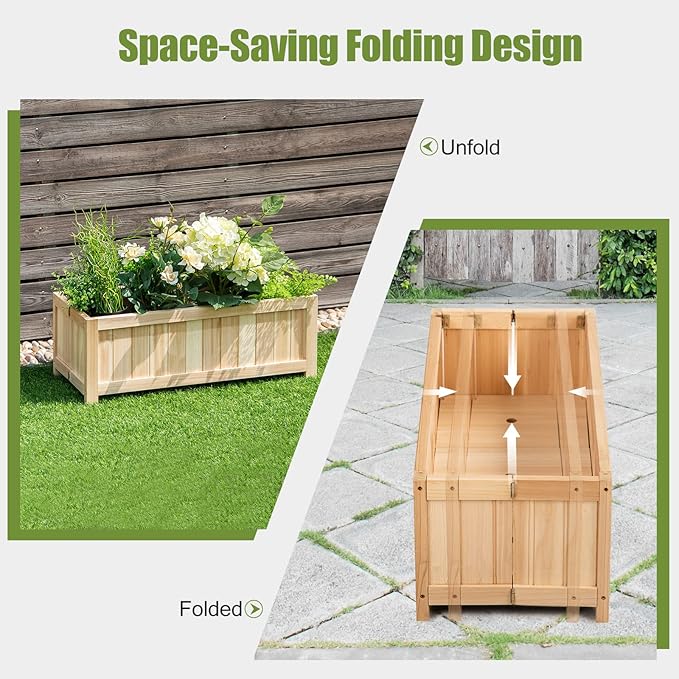 COSTWAY Wooden Planter Garden Bed Folding Planter Box with Drainage Holes for Vegetables Herbs Fruits &amp Flowers Outdoor Indoor Raised Planting Bed for Patio Backyard Lawn 27.5L x 12W x 10