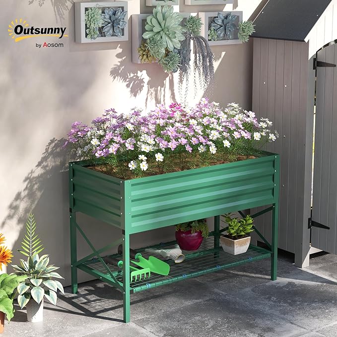 Outsunny Raised Garden Bed with Galvanized Steel Frame Storage Shelf and Bed Liner Elevated Planter Box with Legs for Vegetables Flowers Herbs Green