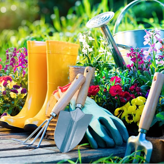Garden Planting Tool Set 5pcs Wooden Handle Stainless Steel Shovel Rake Fork for Outdoor Weeding and Soil Loosening Portable Hand Tools for Home Vegetable and Flower Gardening