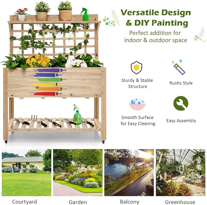Giantex Rolling Raised Garden Bed with Trellis Wood Planter Box on Wheels Black Liner Storage Shelf Garden Trellis for Vine Climbing Flower Vegetable Herb or Hanging Tools 41.5x16x 54