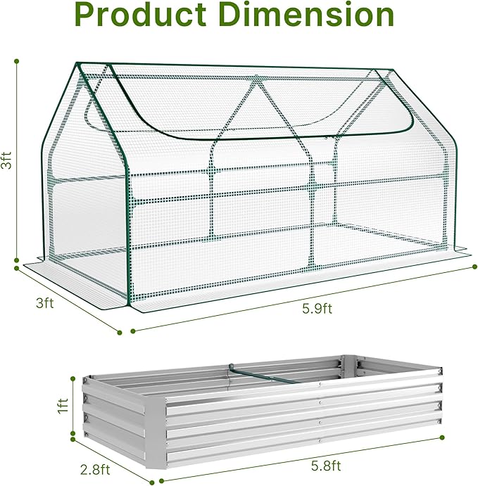 Miory Raised Garden Bed with Greenhouse Cover 5.8x2.8x1ft Galvanized Steel Planter Large Dual Zippered Screen Windows Open Base for Growing Vegetables