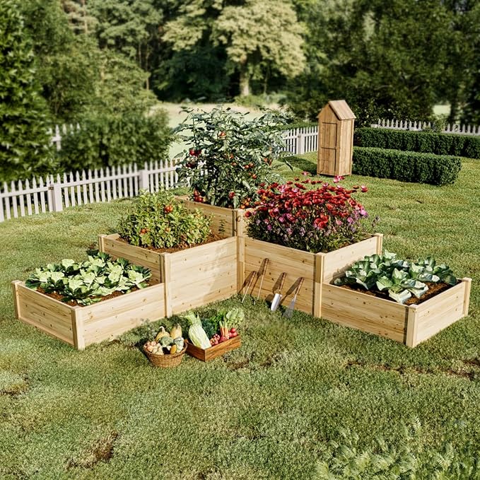 SPECRAFT Raised Garden Bed 3-Tier Outdoor Planter Box Fir Wood with Dividers Shape Adjustable Tool-Free Assembly Ideal for Growing Vegetables Herbs &amp Flowers