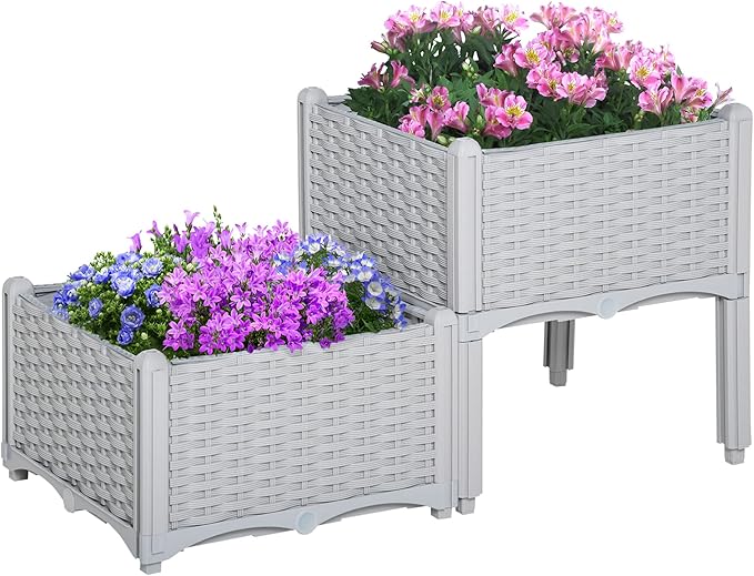 2 Piece Raised Garden Bed with Legs Self-Watering Planter Box Raised Bed to Grow Flowers Herbs &amp Vegetables Gray