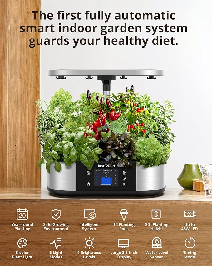 WiFi 12 Pods Hydroponics Growing System Indoor Garden with APP Controll and 3 Planting Modes Up to 30 48w 120 LED Light Automatic Water-Adding Fertilization Timer Silent Pump GS1 Max