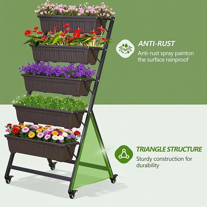 VECELO 5-Tier Vertical Garden Bed Freestanding Elevated Raised Garden Planter with 5 Garden Planter Boxes Lockable Caster Wheels Drainage System for Plants Vegetables Flowers Herbs