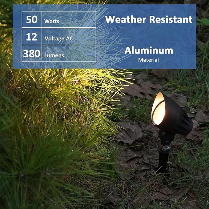Low Voltage Landscape Spotlight 50W Halogen Floodlight 12V Metal Landscape Light 380 Lumen 3000K Warm White with Replaceable Bulb Spike Stake and Connector for Garden Yard Lawn Driveway