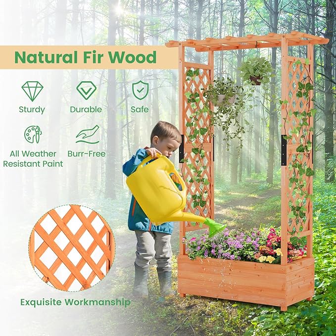 ORALNER Raised Garden Bed with Trellis Wooden Planter Box with Climbing Frame Outdoor Elevated Garden Box for Vegetables Herbs Flowers Fruits (Medium)