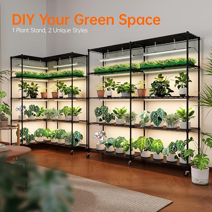 Bstrip 5-Tier Plant Shelf with Grow Light Large L-Shaped or Long Shape Indoor Plant Stand 8 Pack 192W T8 Full Spectrum Grow Lights for Indoor Plants &amp Seed Starting (58L x 13.8W x 59H)