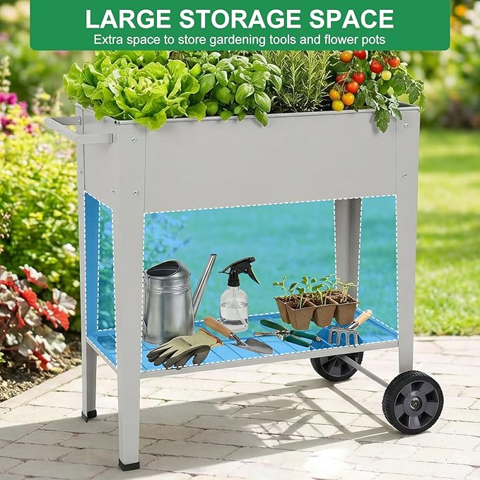 Elevated 32 Tall Raised Garden Bed with Legs and Wheels for Mobility Metal Planter Boxes Outdoor with Shelf Raised Bed for Gardening Vegetables/Herbs Backyard Patio Balcony Grey