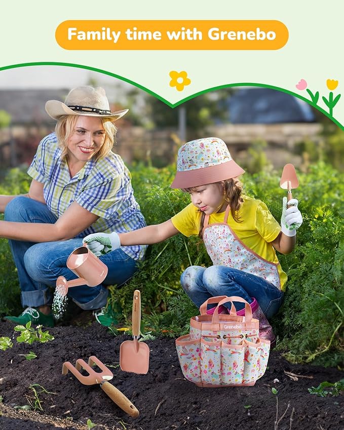 Kids Gardening Set Toys Quality Garden Tool Kit for Kids and Toddlers Includes Two Shovels Garden hatRake ApronGloves Watering Can and Tool Bag (Pink)