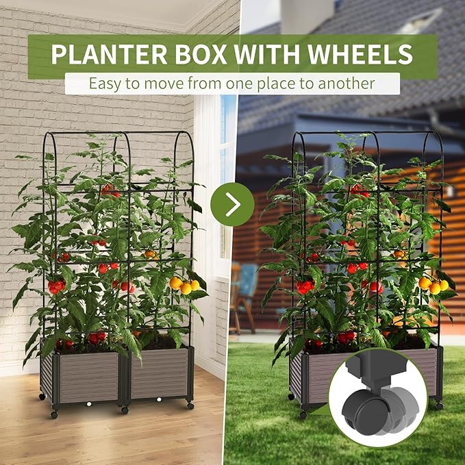 Raised Garden Bed Planter Box with Trellis 72.8'' Tomato Planters for Climbing Plants Vegetable Vine Flowers Outdoor Patio Tomato Cage Self Watering Planter with Wheels