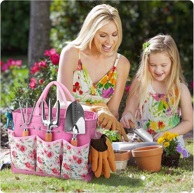 Gardening Tools 9-Piece Heavy Duty Garden Hand Tools with Fashion and Durable Garden Tools Organizer Handbag Rust-Proof Garden Tool Set Ideal Gardening Gifts for Women (Pink)
