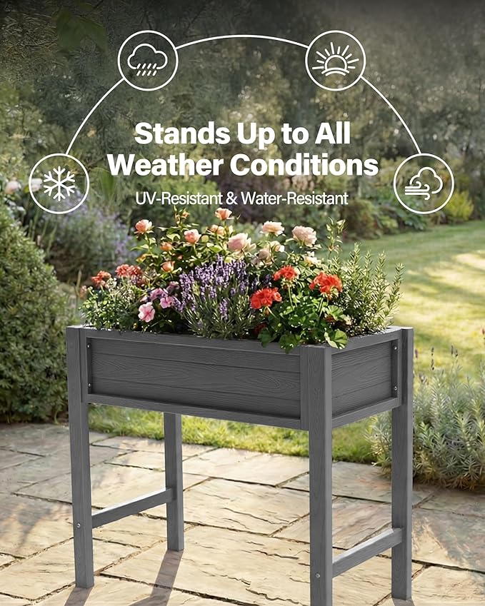 YEFU Raised Garden Bed with Legs: 34x18x30in Grey HIPS Elevated Outdoor Planter Box for Vegetables Herbs Flowers - Patio/Balcony/Backyard Gardening - Effortless Design for Easy Growing