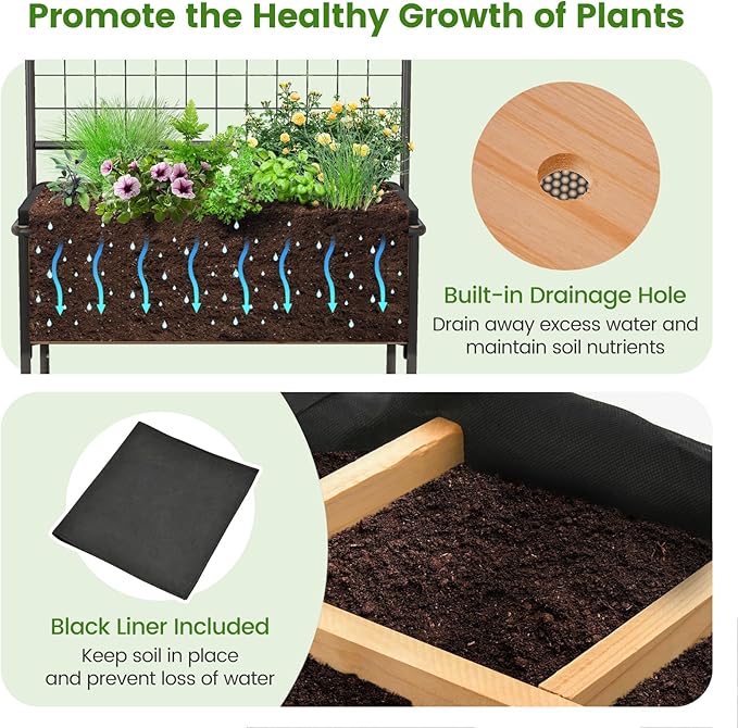 HAPPYGRILL Outdoor Raised Garden Bed 59” Wooden Elevated Planter Box w/Open Storage Shelves Removable Grid Divider Drain Holes &amp Black Liner Raised Garden Bed w/Legs &amp Trellis for Vegetabl